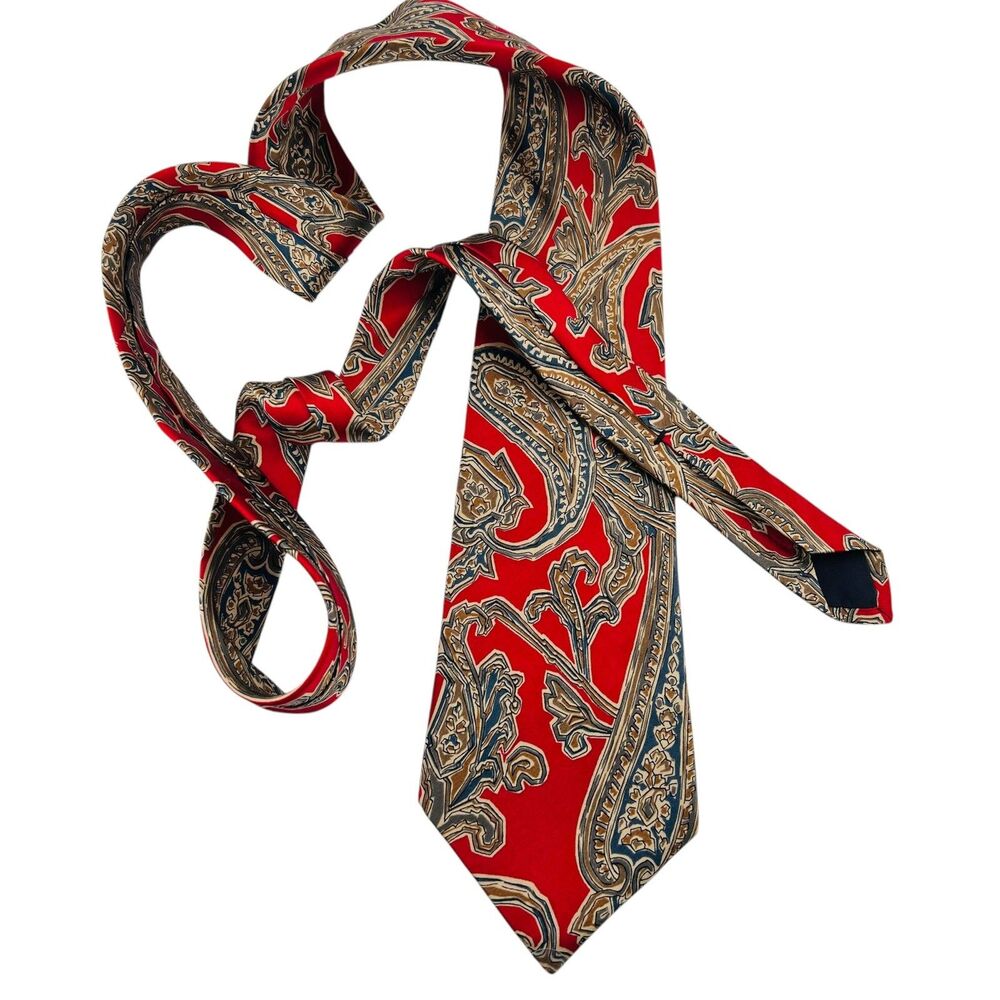 100% Silk Men's Neck Tie Red Blue Gold Paisley Hand Sewn in USA Robert Stewart